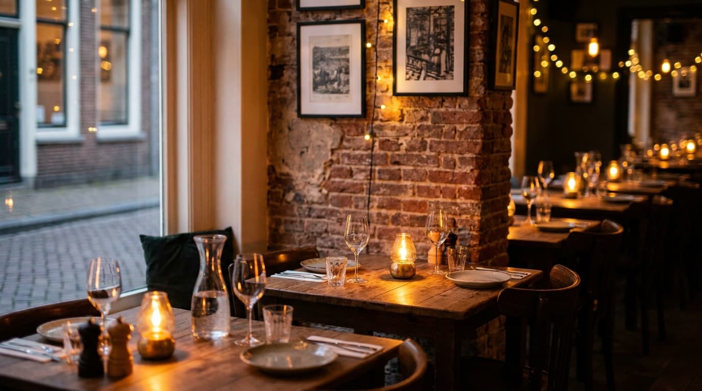 De eetzaal van Bistro 't Hoekje: houten tafels, kaarslicht en zicht op de straat