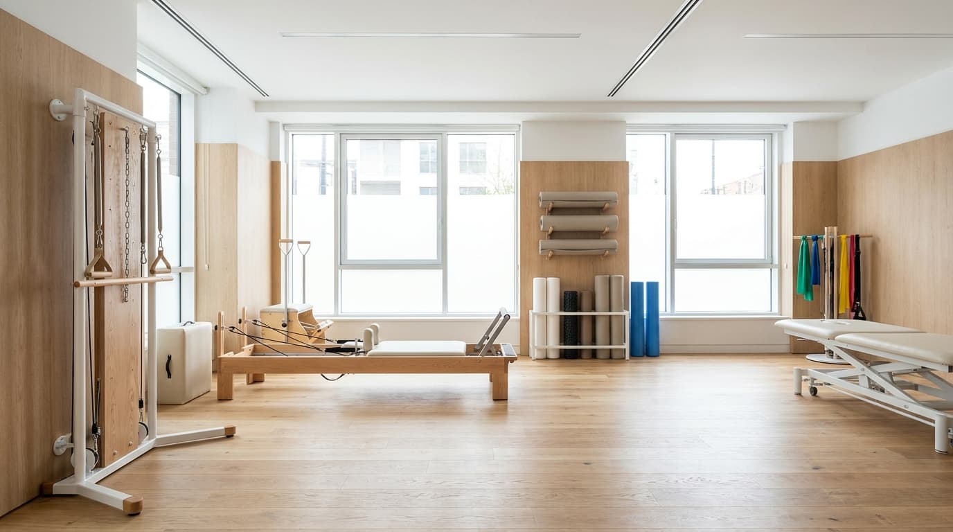 Ruime oefenzaal met moderne apparatuur, licht hout en veel daglicht