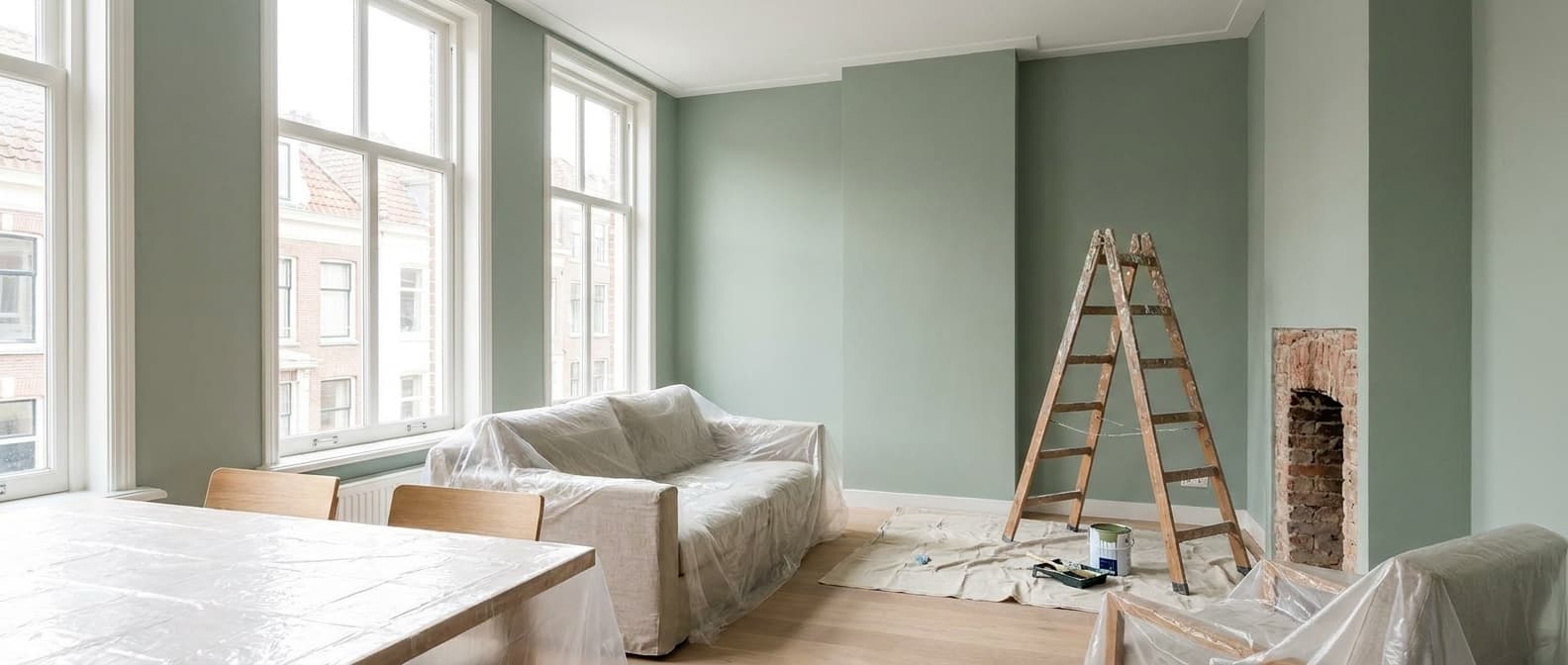 Vers geschilderde woonkamer met saliegroene wanden, schildersladder en afdekzeil