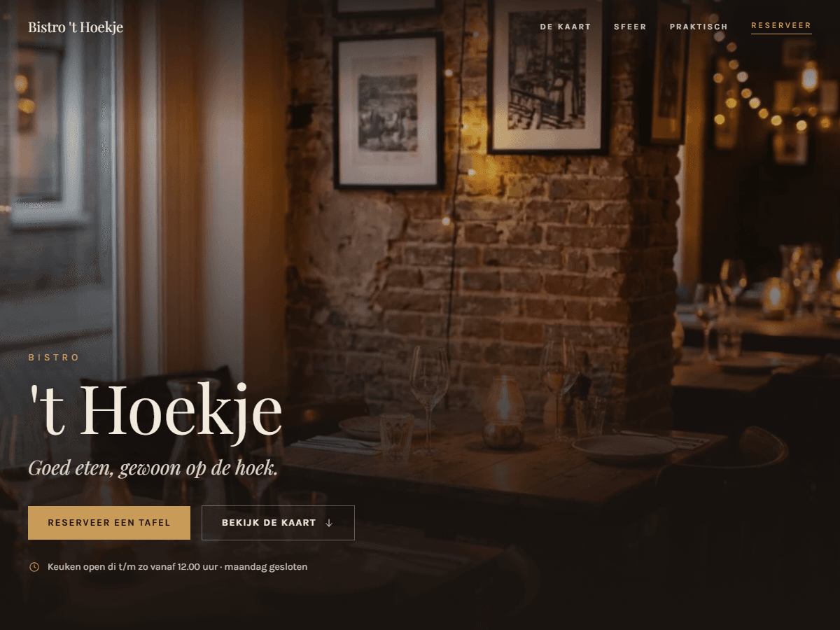 Voorbeeldsite van Bistro 't Hoekje in een browservenster